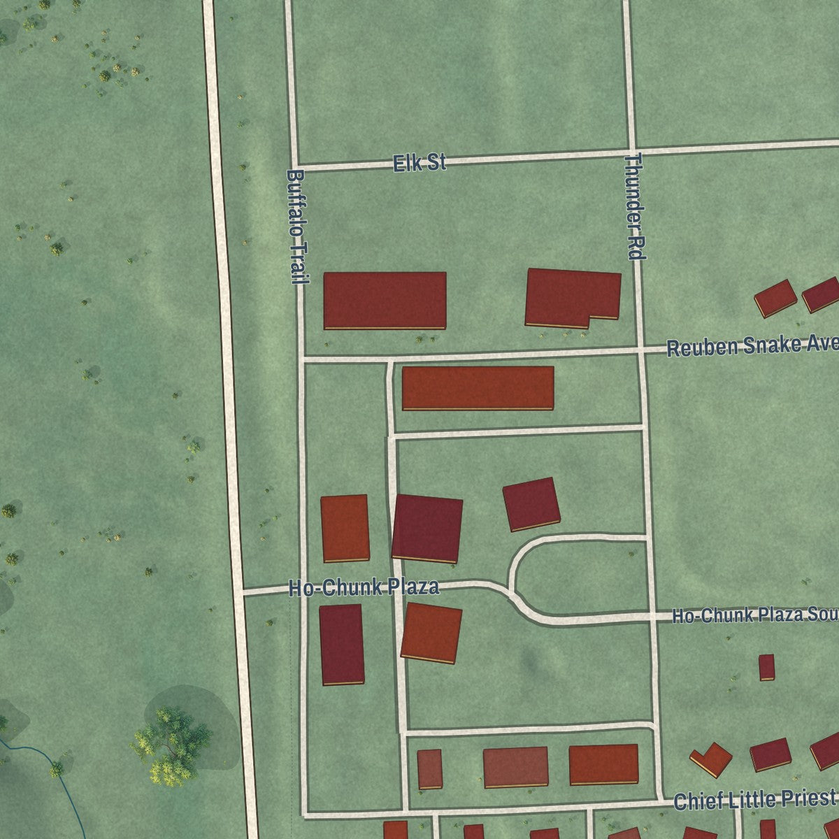 Second close-up of the map of Winnebago, Nebraska print showing more streets and buildings