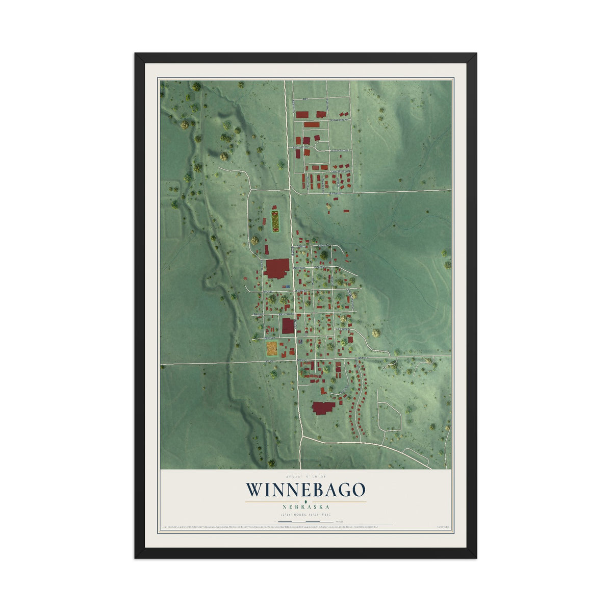 Map of Winnebago, Nebraska, 12 x 18 inch print in a black wood frame