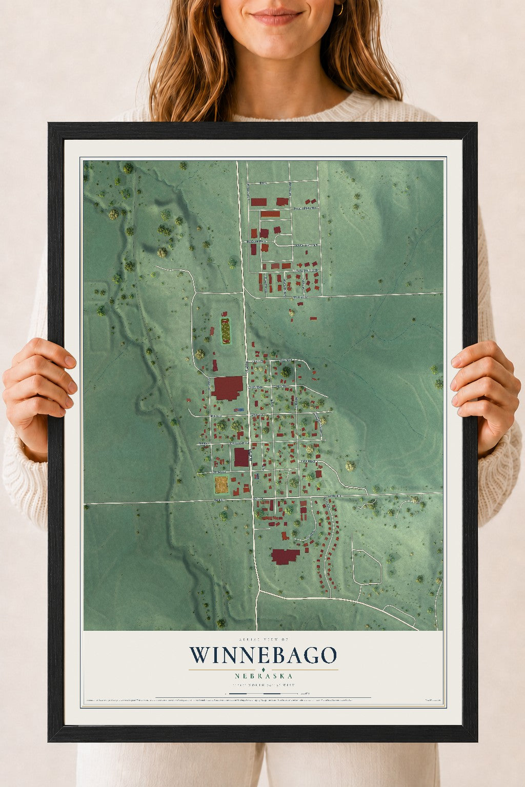 Map of Winnebago, Nebraska, 18 x 24 inch print in a black wood frame