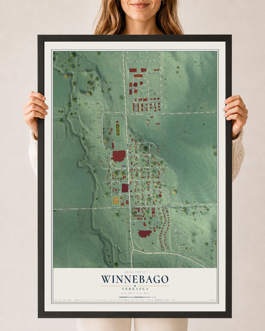 Map of Winnebago, Nebraska, 24 x 36 inch print in a black wood frame