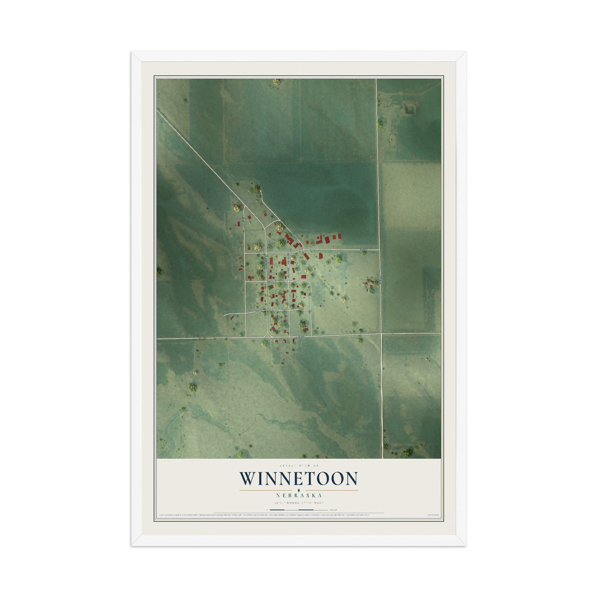 Map of Winnetoon, Nebraska, 12 x 18 inch print in a white wood frame