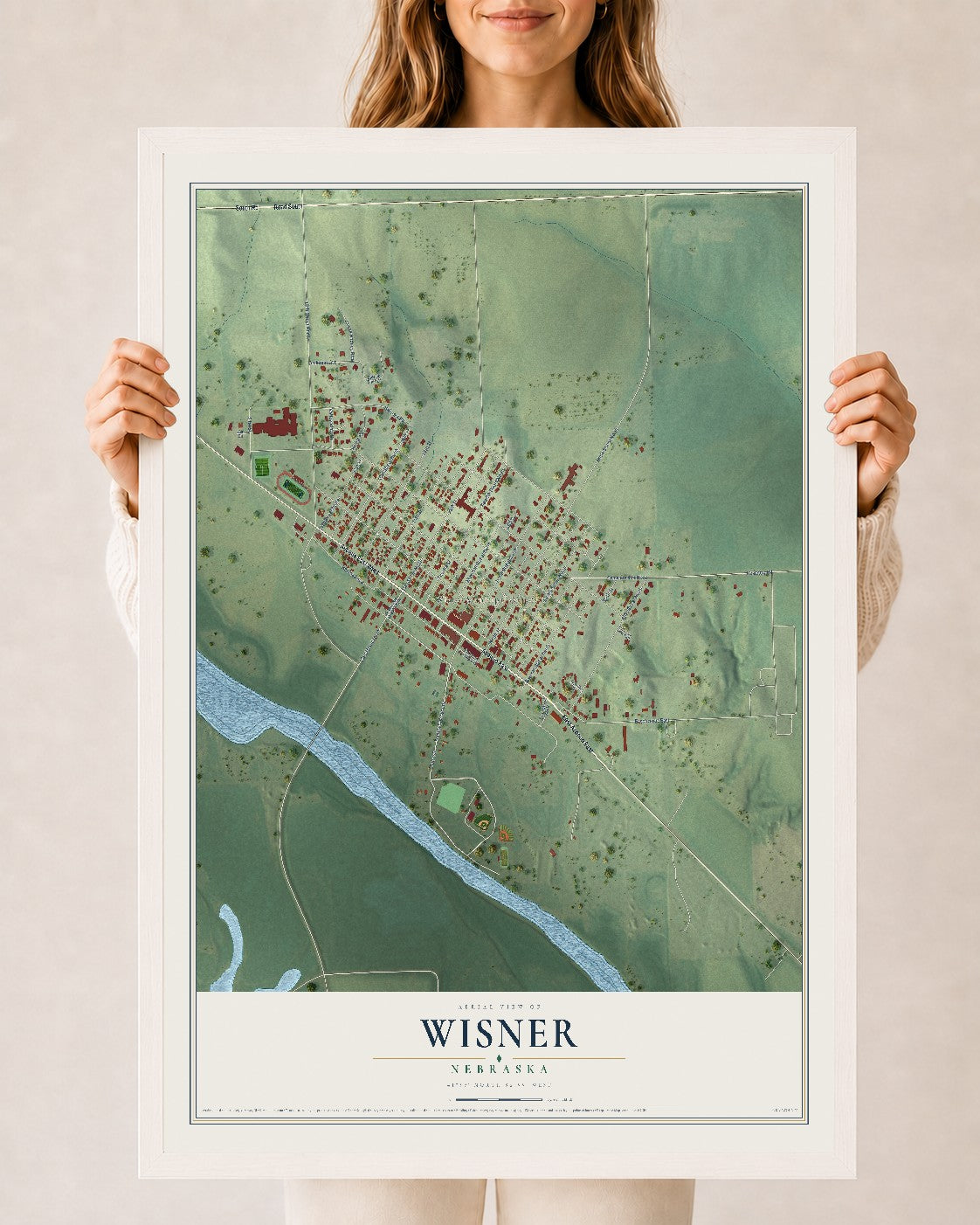 Map of Wisner, Nebraska, 24 x 36 inch print in a white wood frame