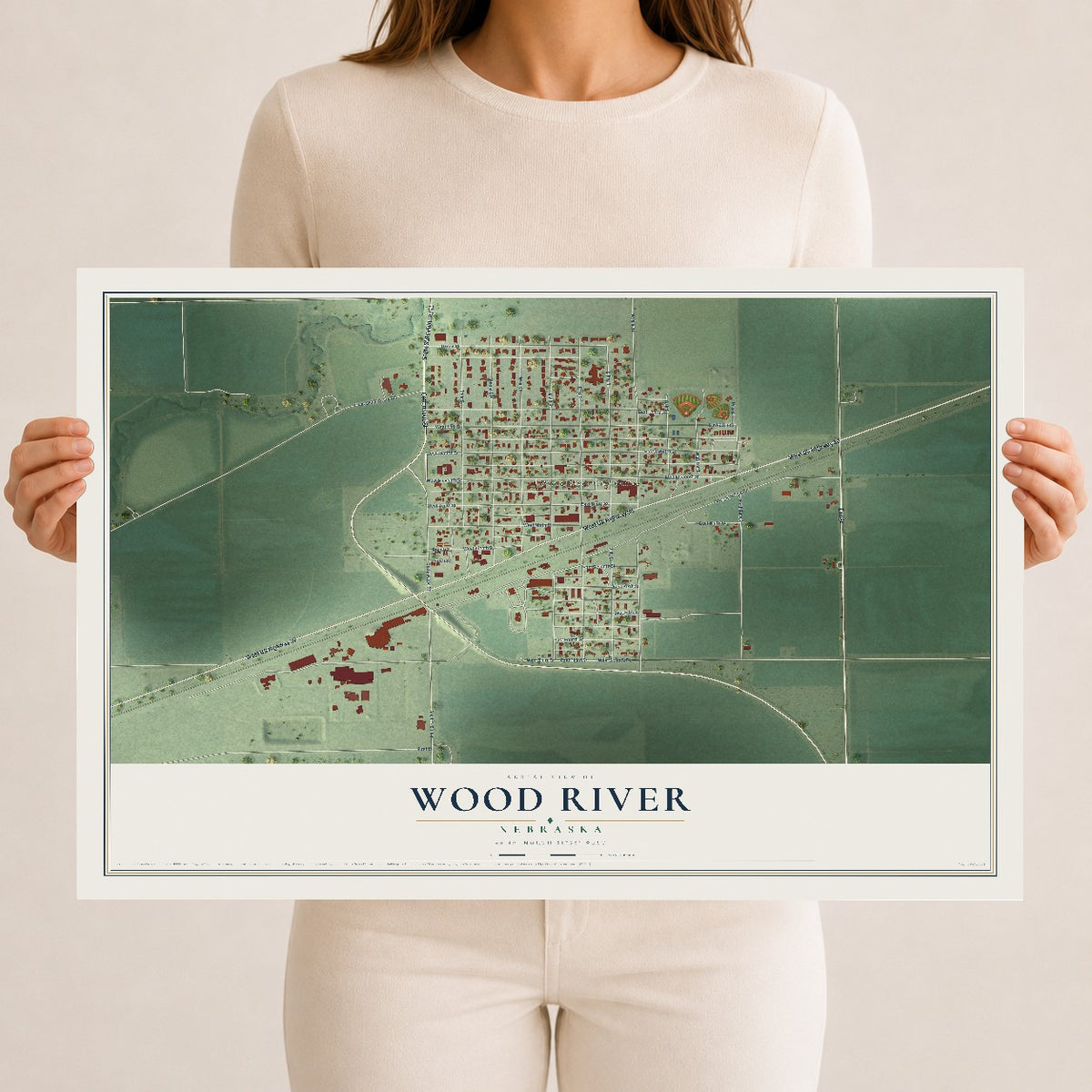 Map of Wood River, Nebraska, 12 x 18 inch unframed archival matte print