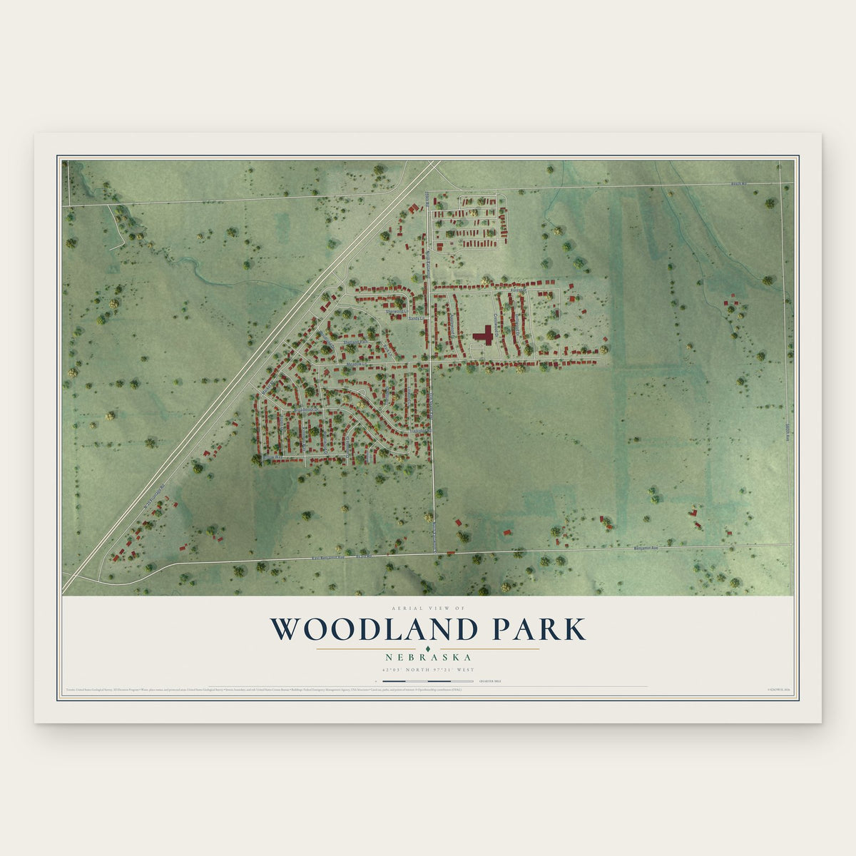 Woodland Park, Nebraska map print, the full design