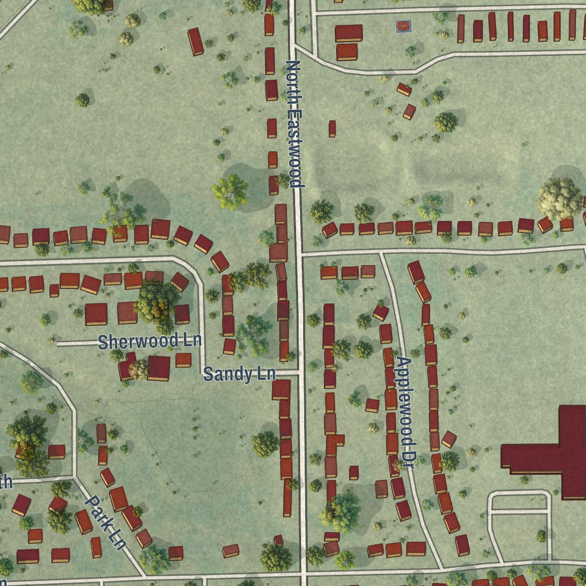 Close-up of the map of Woodland Park, Nebraska print showing street and building detail