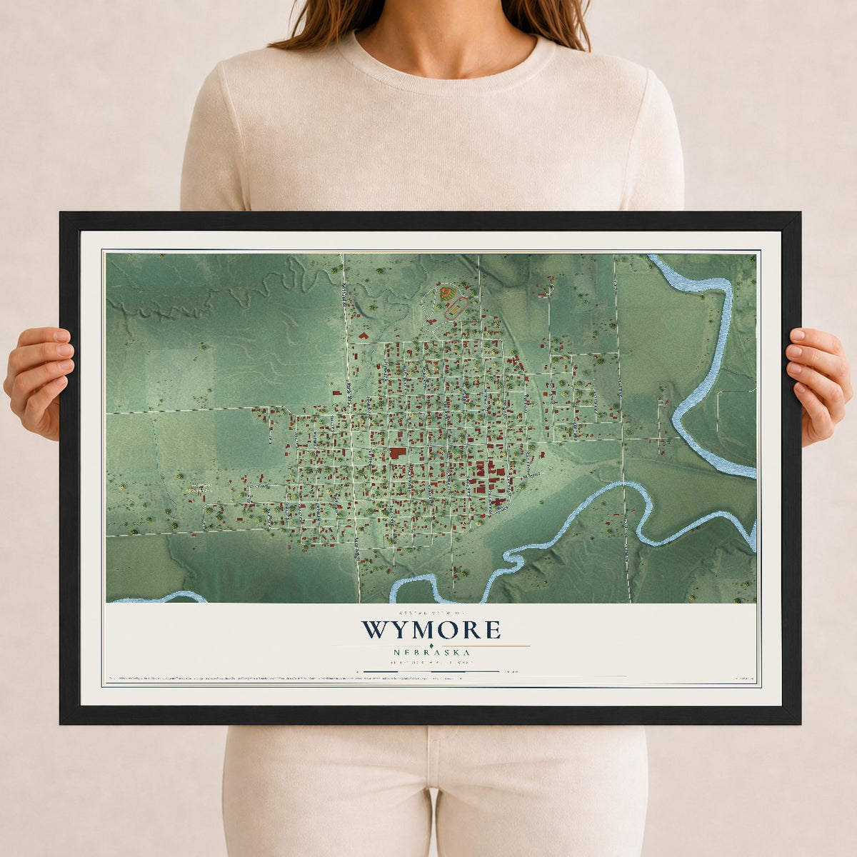Map of Wymore, Nebraska, 12 x 18 inch print in a black wood frame