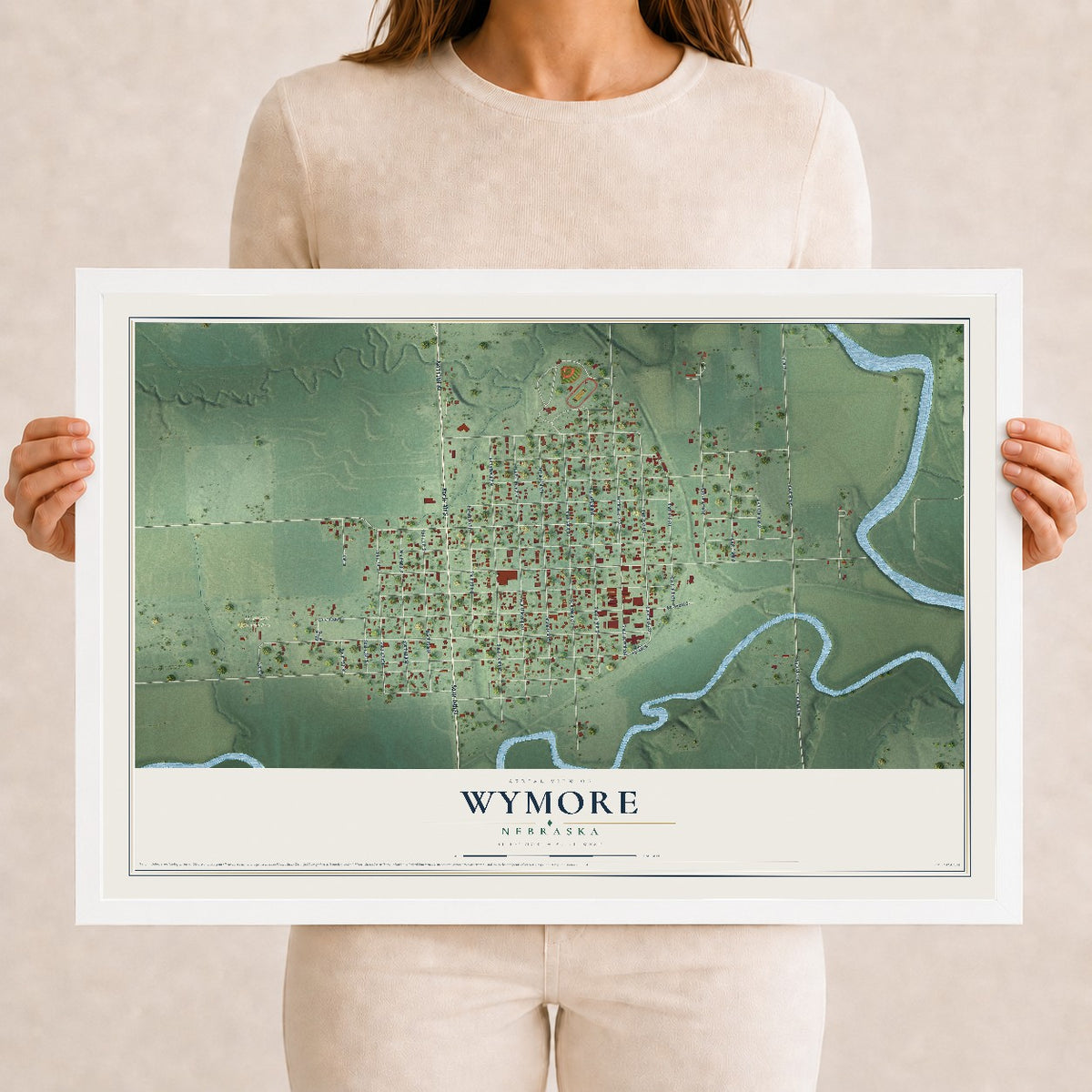 Map of Wymore, Nebraska, 12 x 18 inch print in a white wood frame