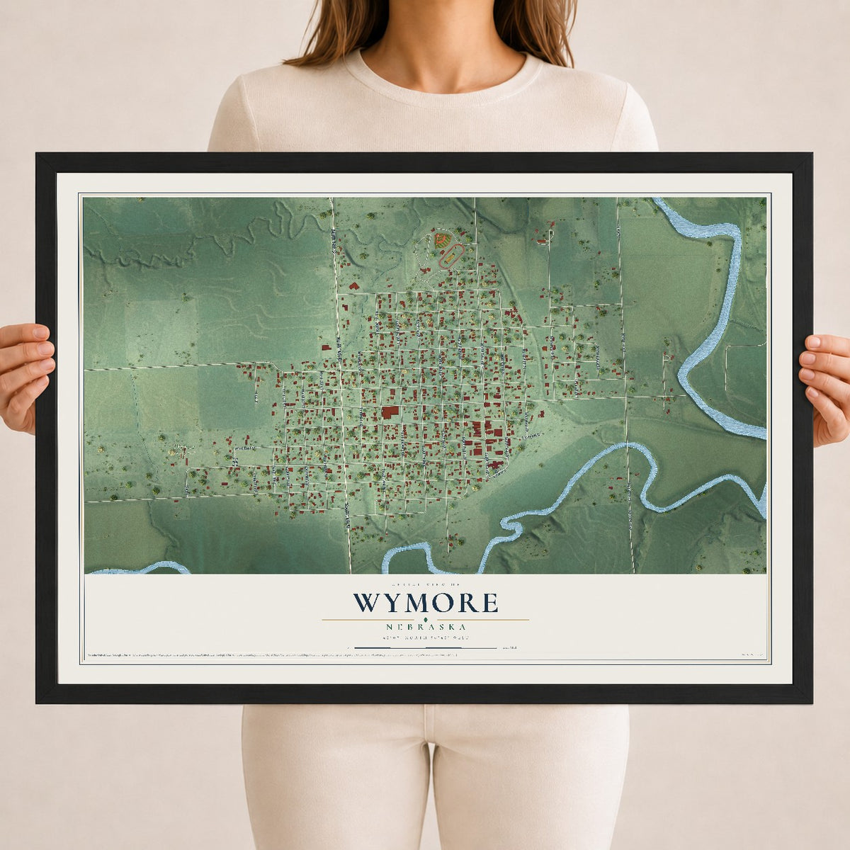 Map of Wymore, Nebraska, 18 x 24 inch print in a black wood frame