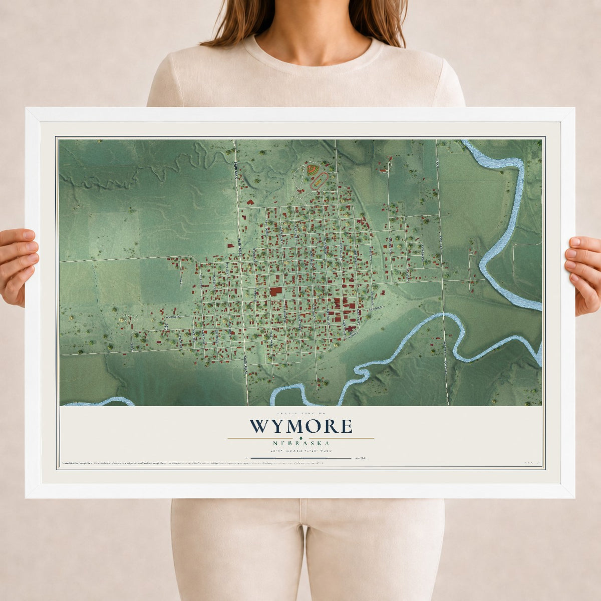 Map of Wymore, Nebraska, 18 x 24 inch print in a white wood frame