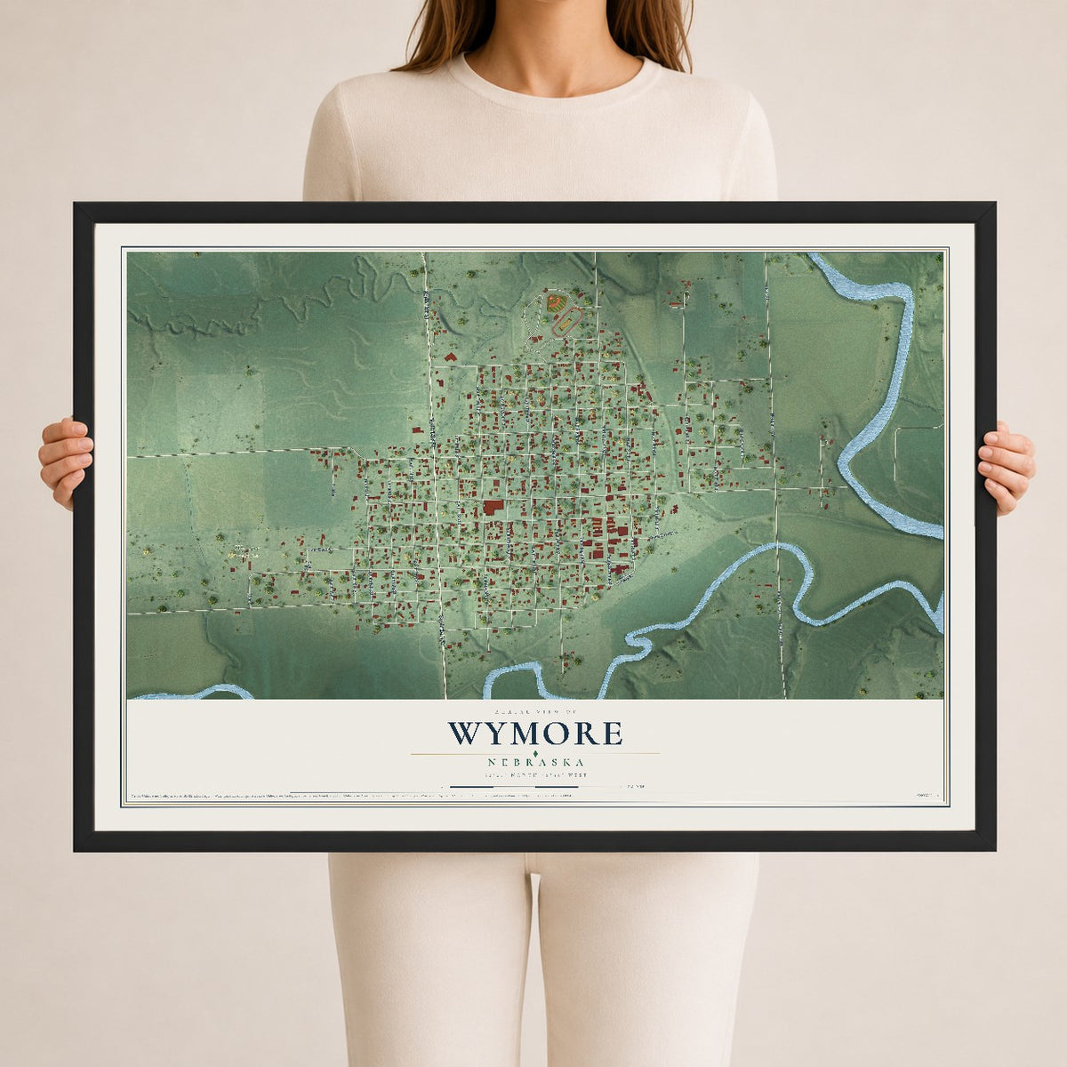 Map of Wymore, Nebraska, 24 x 36 inch print in a black wood frame