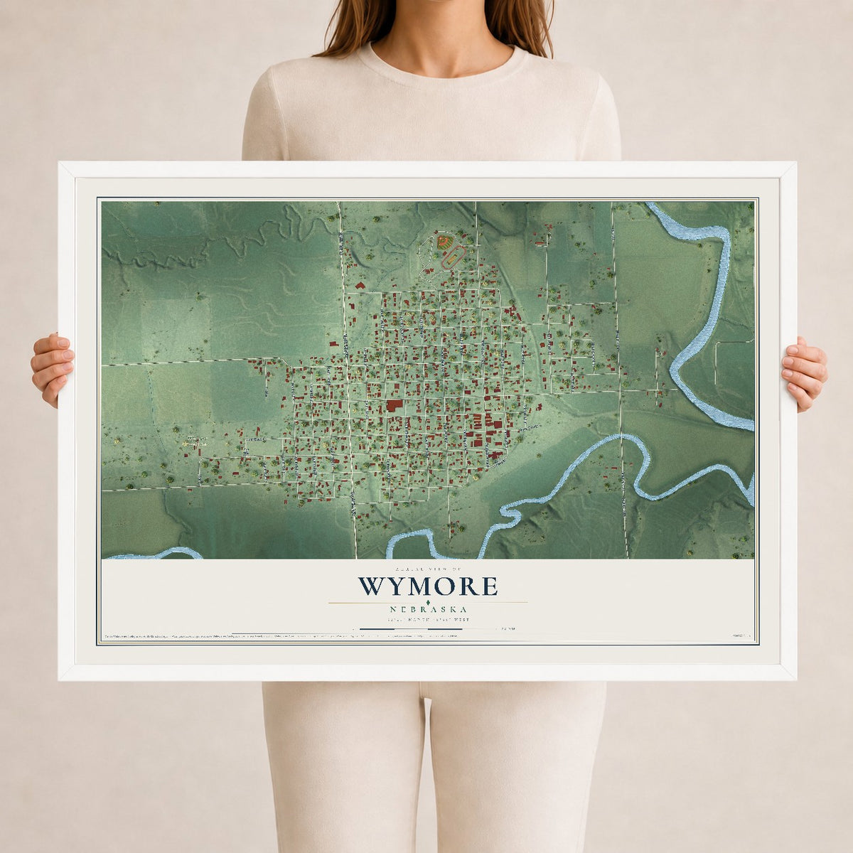 Map of Wymore, Nebraska, 24 x 36 inch print in a white wood frame