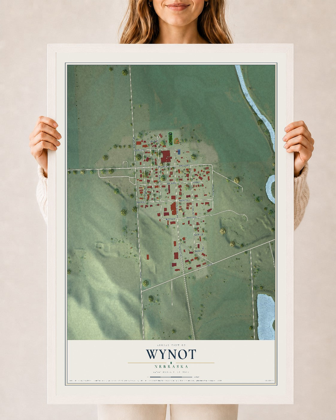 Map of Wynot, Nebraska, 24 x 36 inch print in a white wood frame