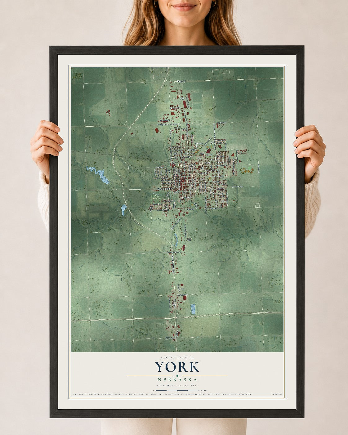 Map of York, Nebraska, 24 x 36 inch print in a black wood frame