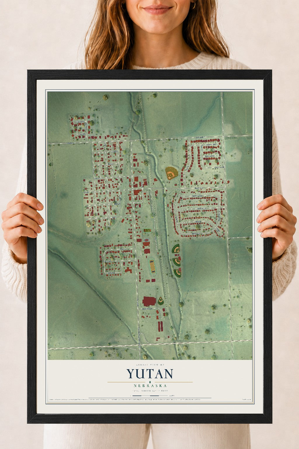 Map of Yutan, Nebraska, 18 x 24 inch print in a black wood frame