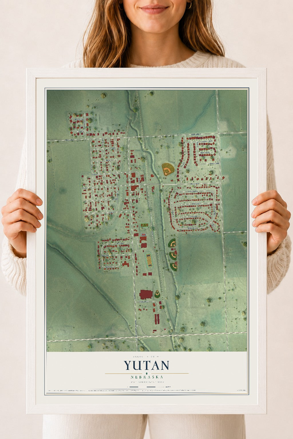 Map of Yutan, Nebraska, 18 x 24 inch print in a white wood frame