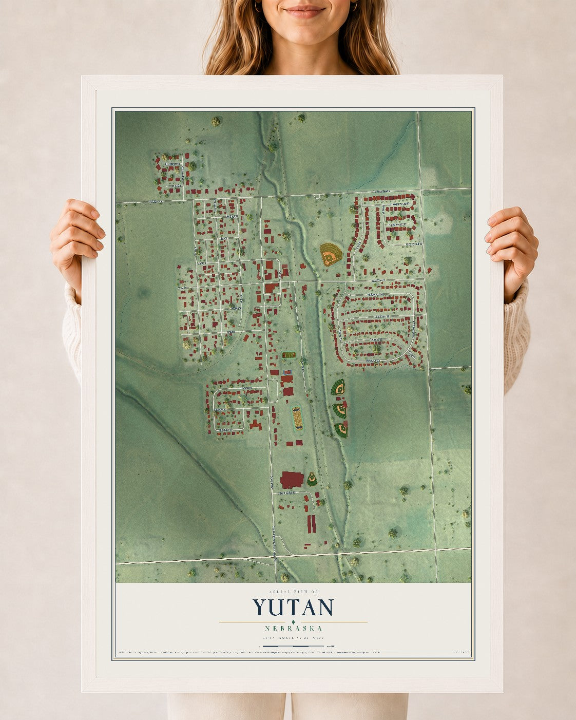 Map of Yutan, Nebraska, 24 x 36 inch print in a white wood frame