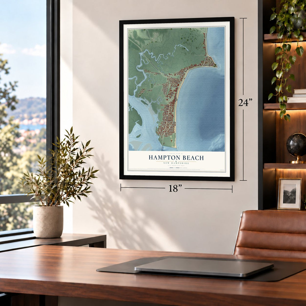 Hampton Beach, New Hampshire map, 18 x 24 inch print in a black frame in a home office