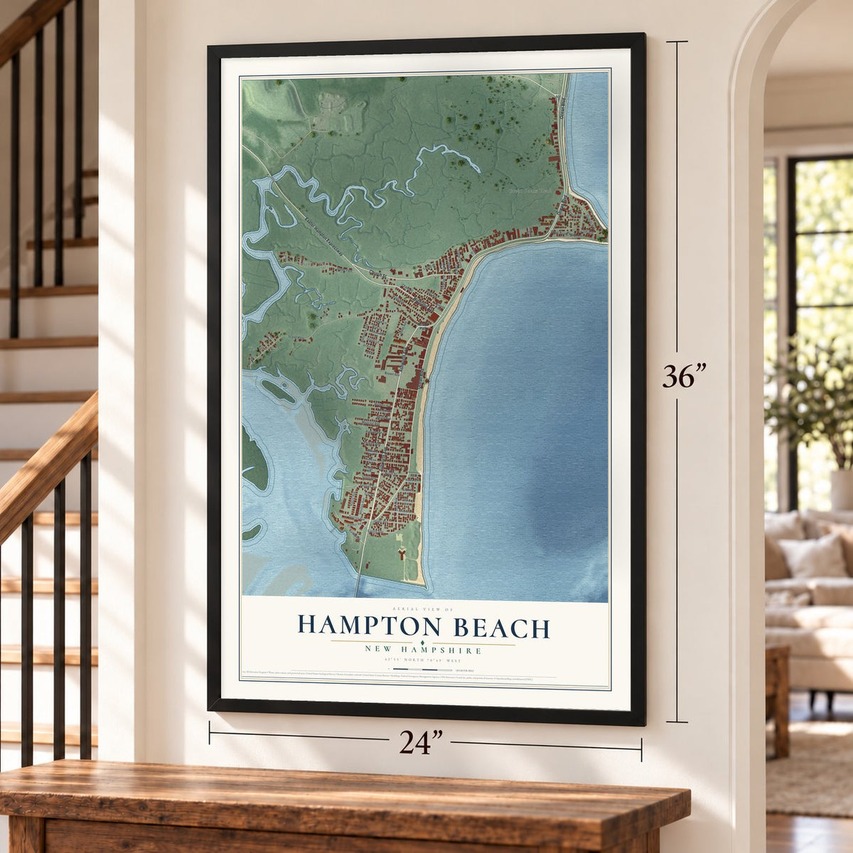 Hampton Beach, New Hampshire map, 24 x 36 inch print in a black frame by a staircase