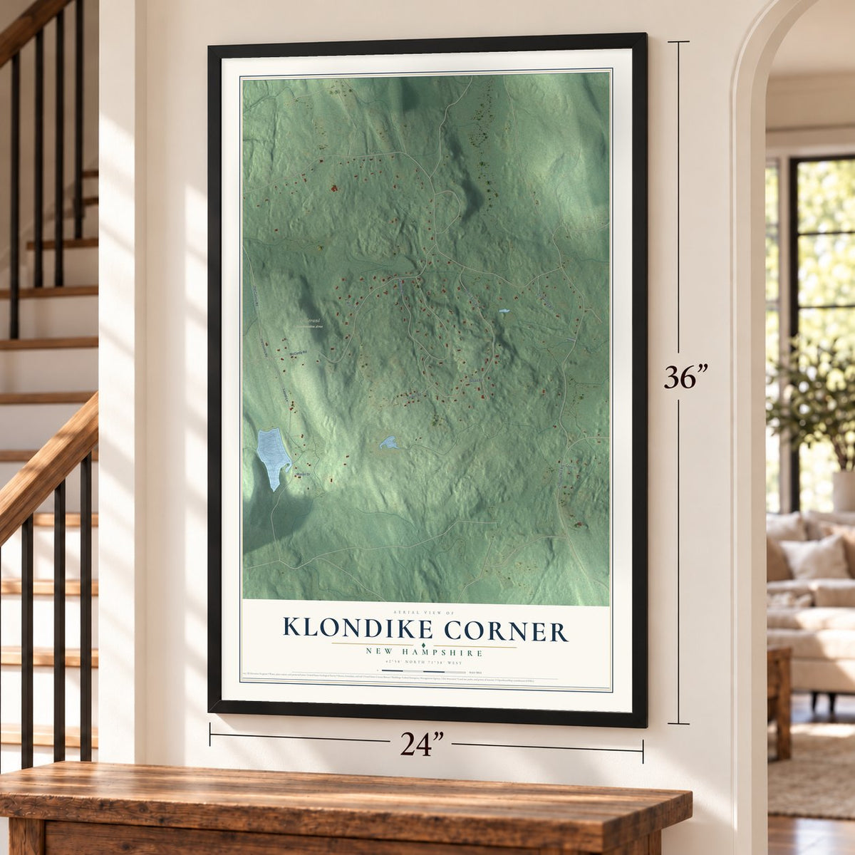 Klondike Corner, New Hampshire map, 24 x 36 inch print in a black frame by a staircase