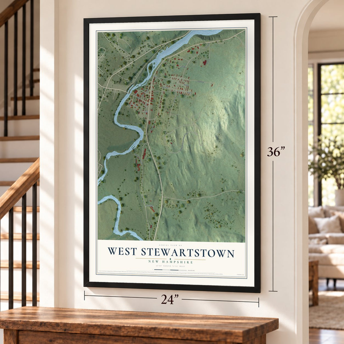 West Stewartstown, New Hampshire map, 24 x 36 inch print in a black frame by a staircase