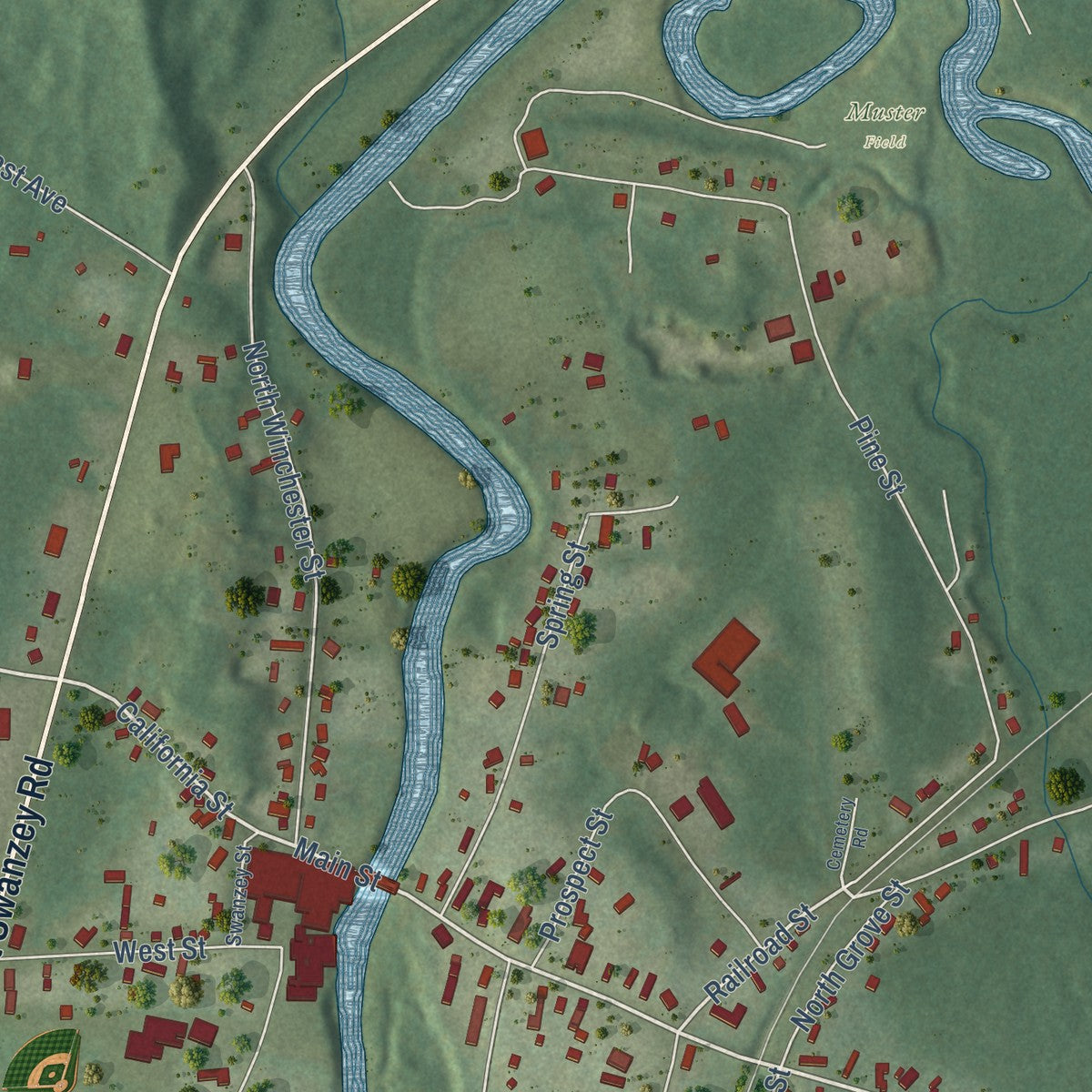 Close-up of the map of West Swanzey, New Hampshire print showing street and building detail