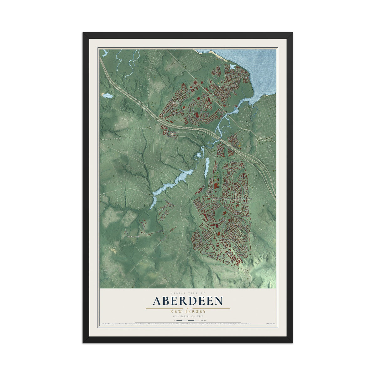 Aberdeen, New Jersey map print, 12" x 18" W/ Black Ayous Wood Frame mockup