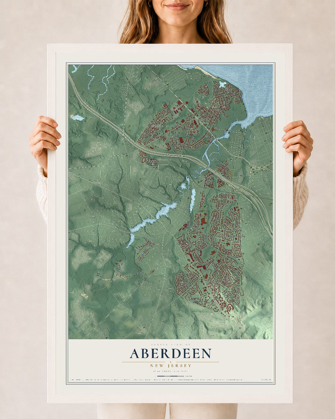 Aberdeen, New Jersey map print, 24" x 36" W/ White Ayous Wood Frame mockup