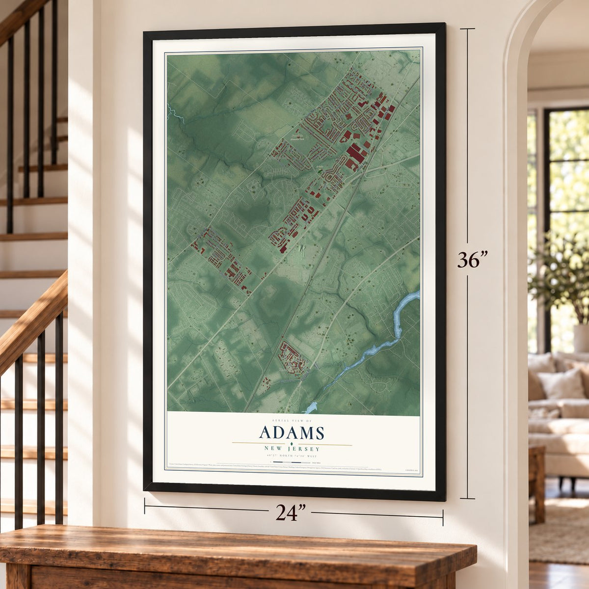 Adams, New Jersey map, 24 x 36 inch print in a black frame by a staircase
