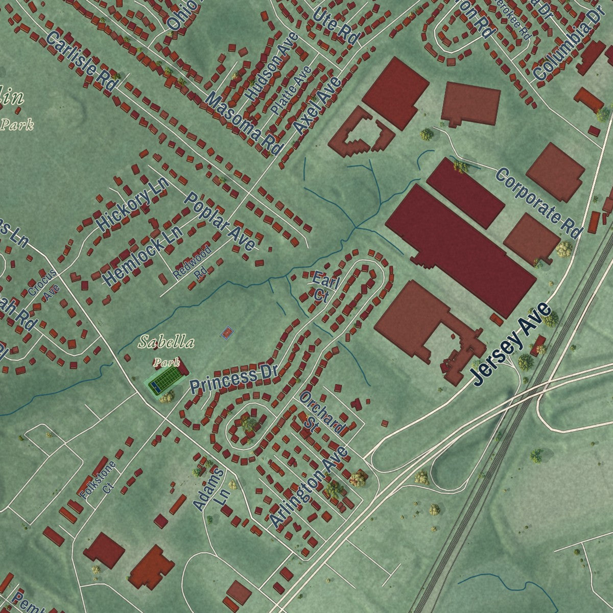 Close-up of the map of Adams, New Jersey print showing street and building detail