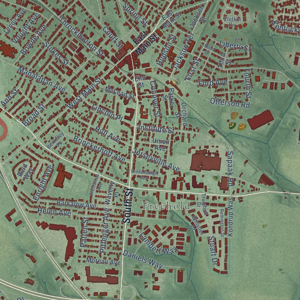Close-up of the map of Adelphia, New Jersey print showing street and building detail