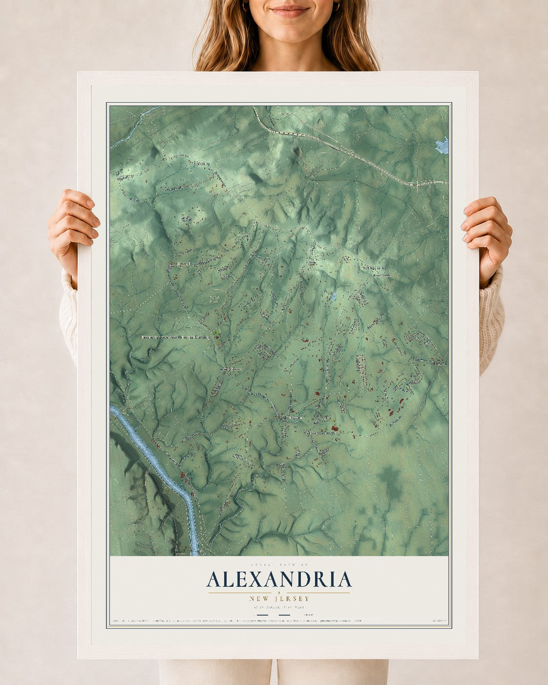Alexandria, New Jersey map print, 24" x 36" W/ White Ayous Wood Frame mockup