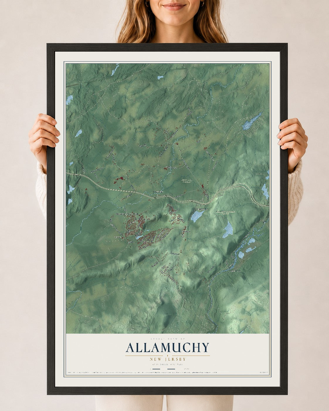 Allamuchy, New Jersey map print, 24" x 36" W/ Black Ayous Wood Frame mockup