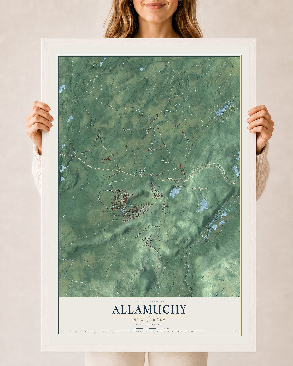 Allamuchy, New Jersey map print, 24" x 36" W/ White Ayous Wood Frame mockup