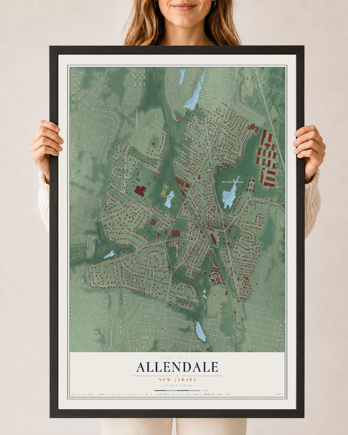 Allendale, New Jersey map print, 24" x 36" W/ Black Ayous Wood Frame mockup
