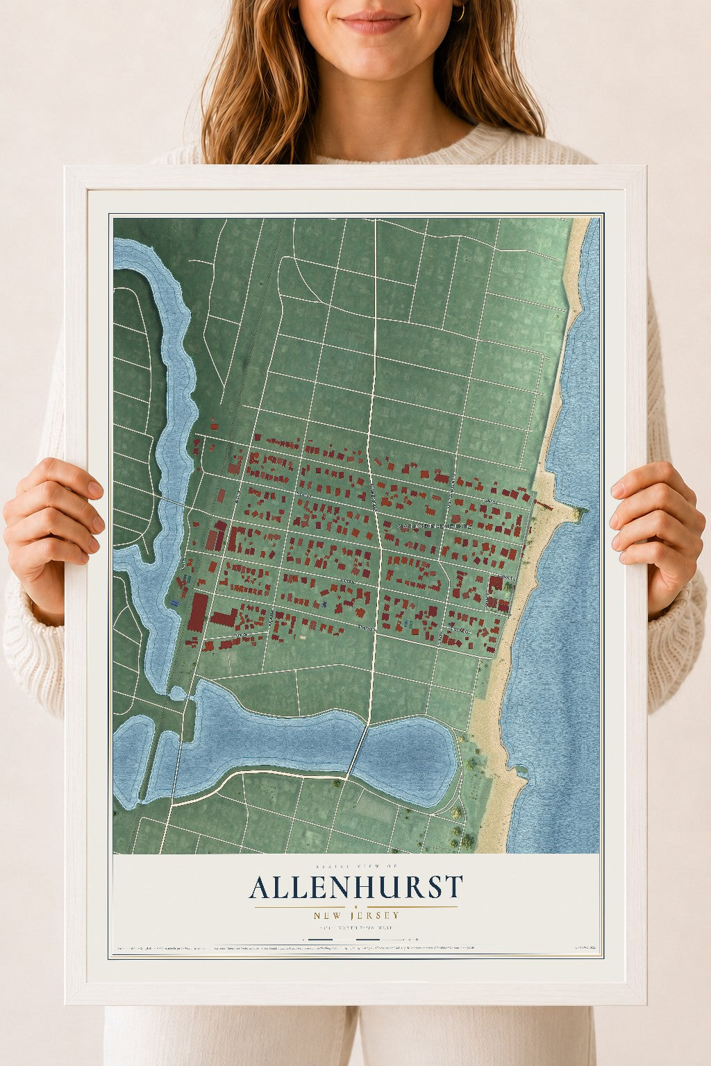 Allenhurst, New Jersey map print, 18" x 24" W/ White Ayous Wood Frame mockup