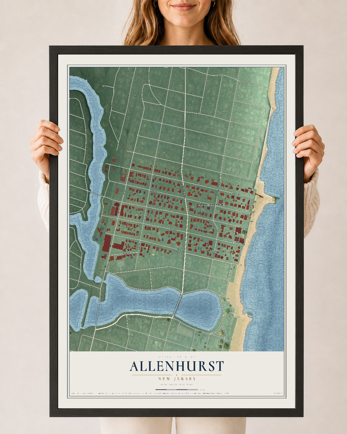 Allenhurst, New Jersey map print, 24" x 36" W/ Black Ayous Wood Frame mockup