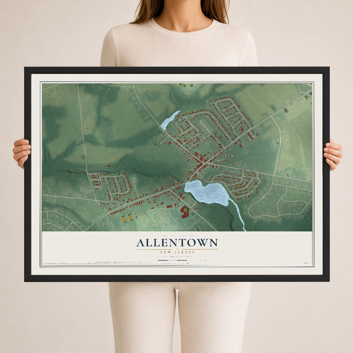 Allentown, New Jersey map print, 24" x 36" W/ Black Ayous Wood Frame mockup