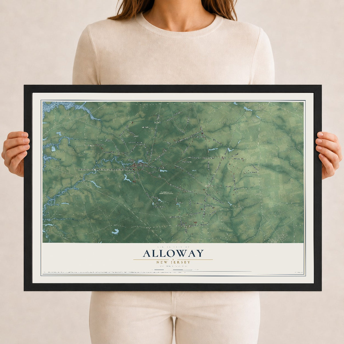 Alloway, New Jersey map print, 12" x 18" W/ Black Ayous Wood Frame mockup