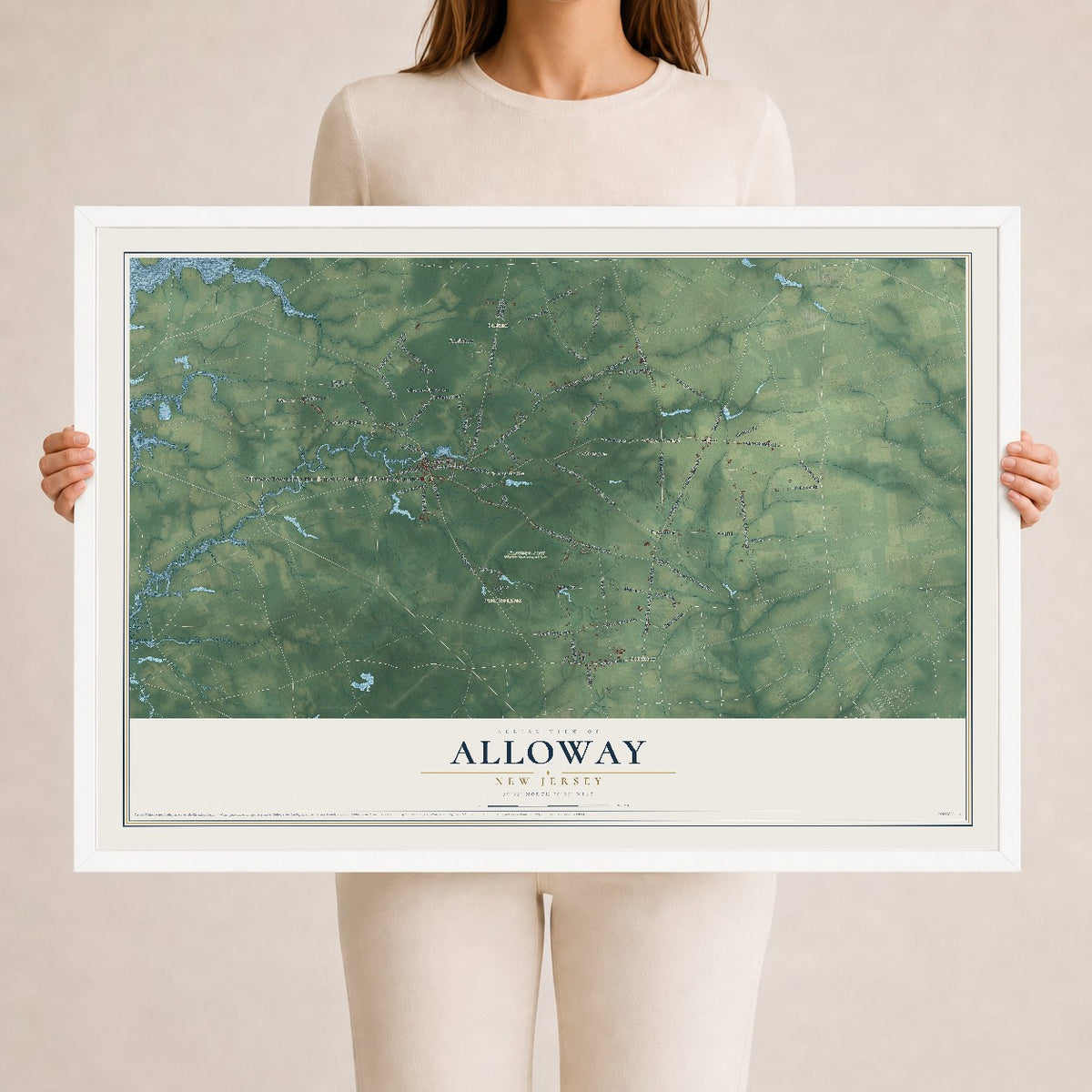 Alloway, New Jersey map print, 24" x 36" W/ White Ayous Wood Frame mockup