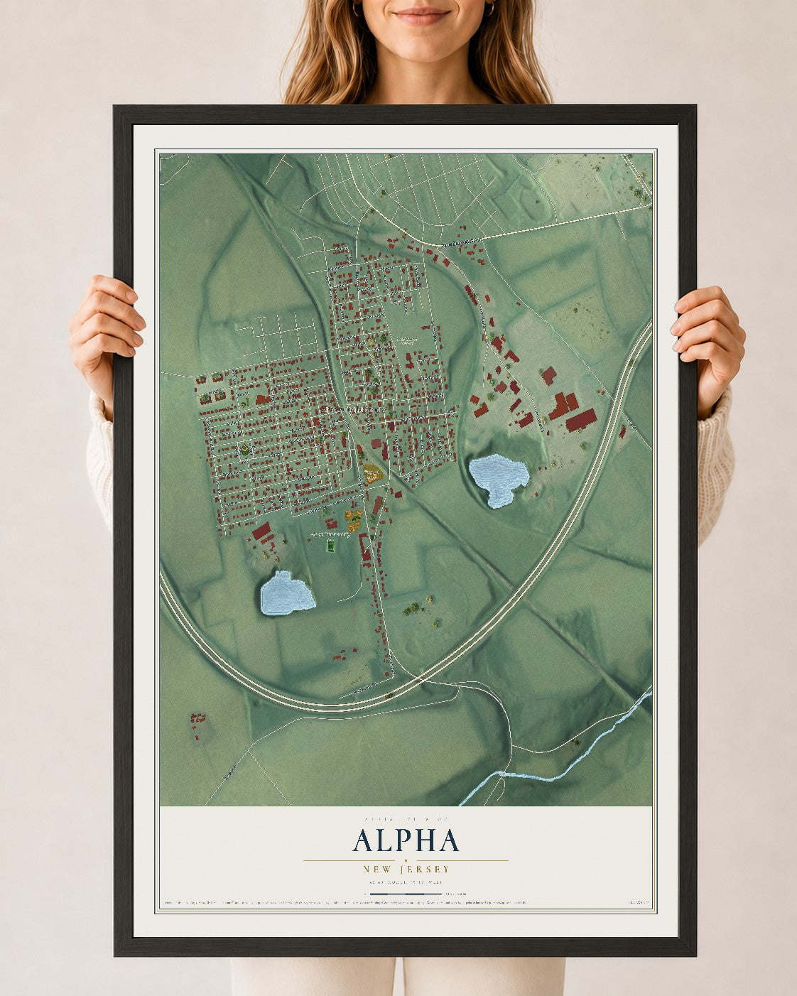 Alpha, New Jersey map print, 24" x 36" W/ Black Ayous Wood Frame mockup