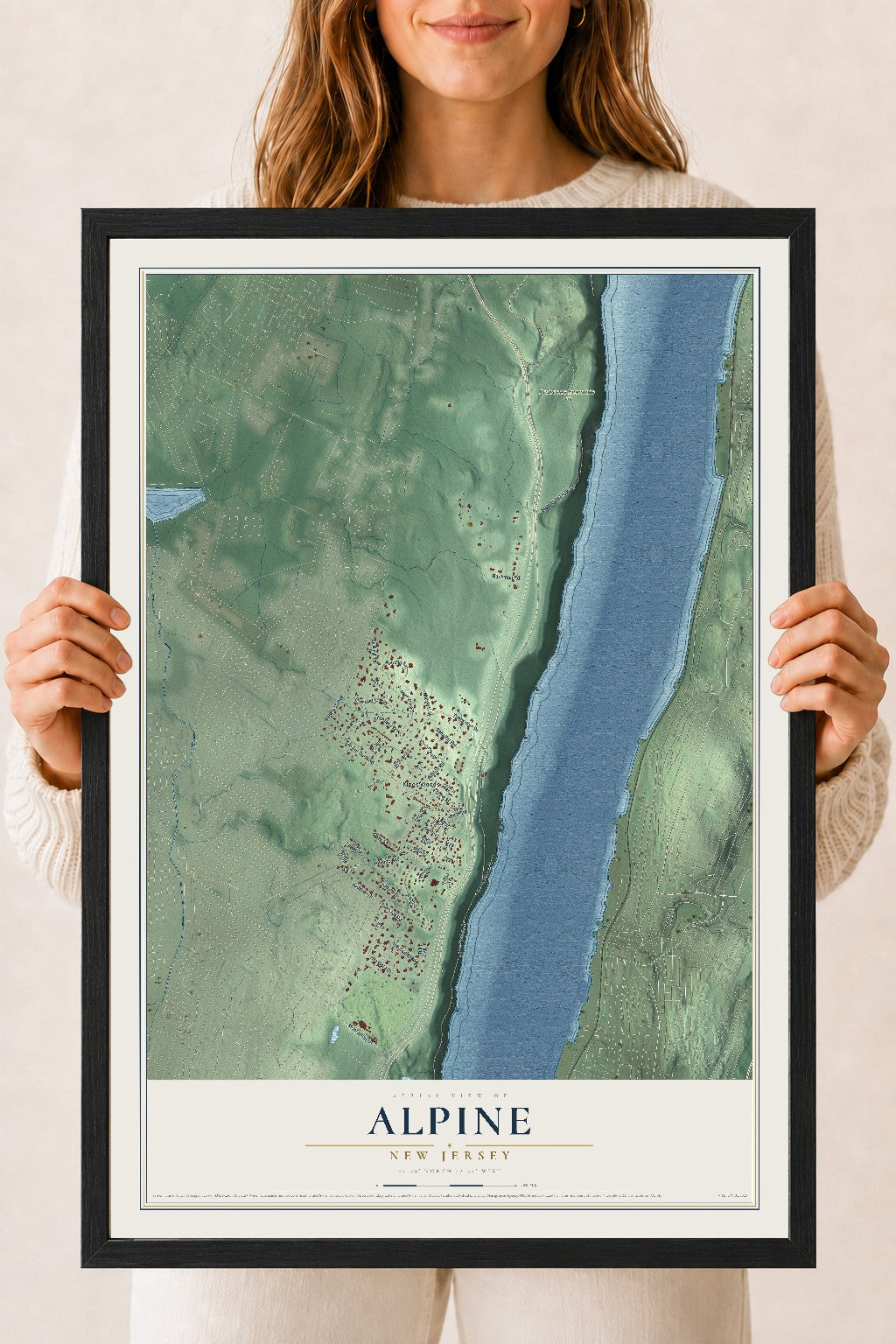 Alpine, New Jersey map print, 18" x 24" W/ Black Ayous Wood Frame mockup