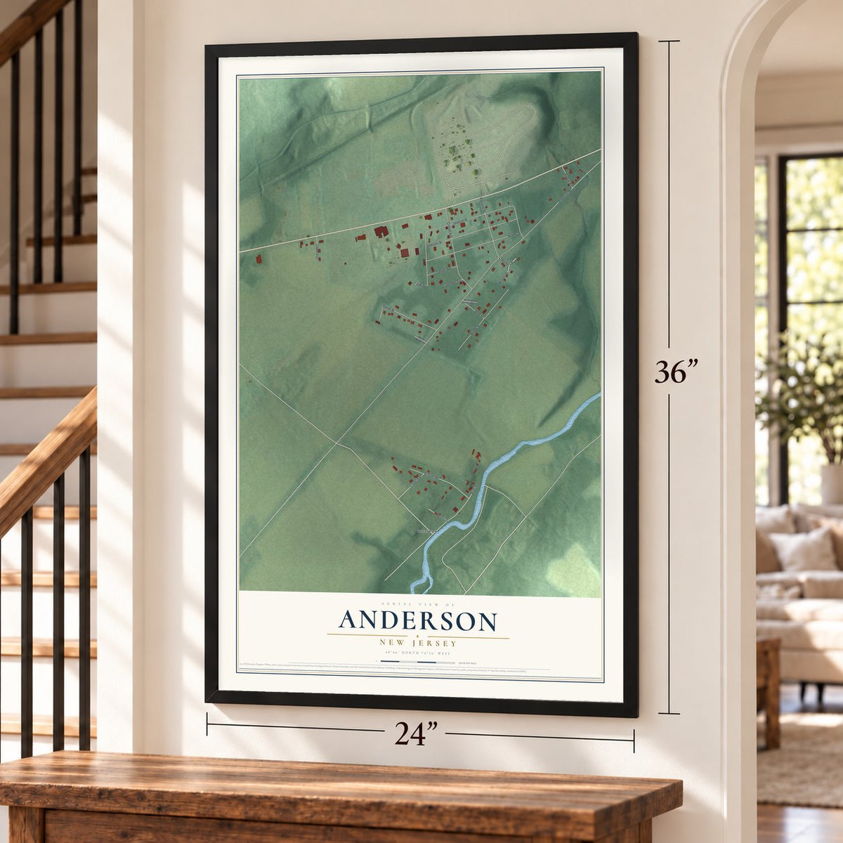 Anderson, New Jersey map, 24 x 36 inch print in a black frame by a staircase