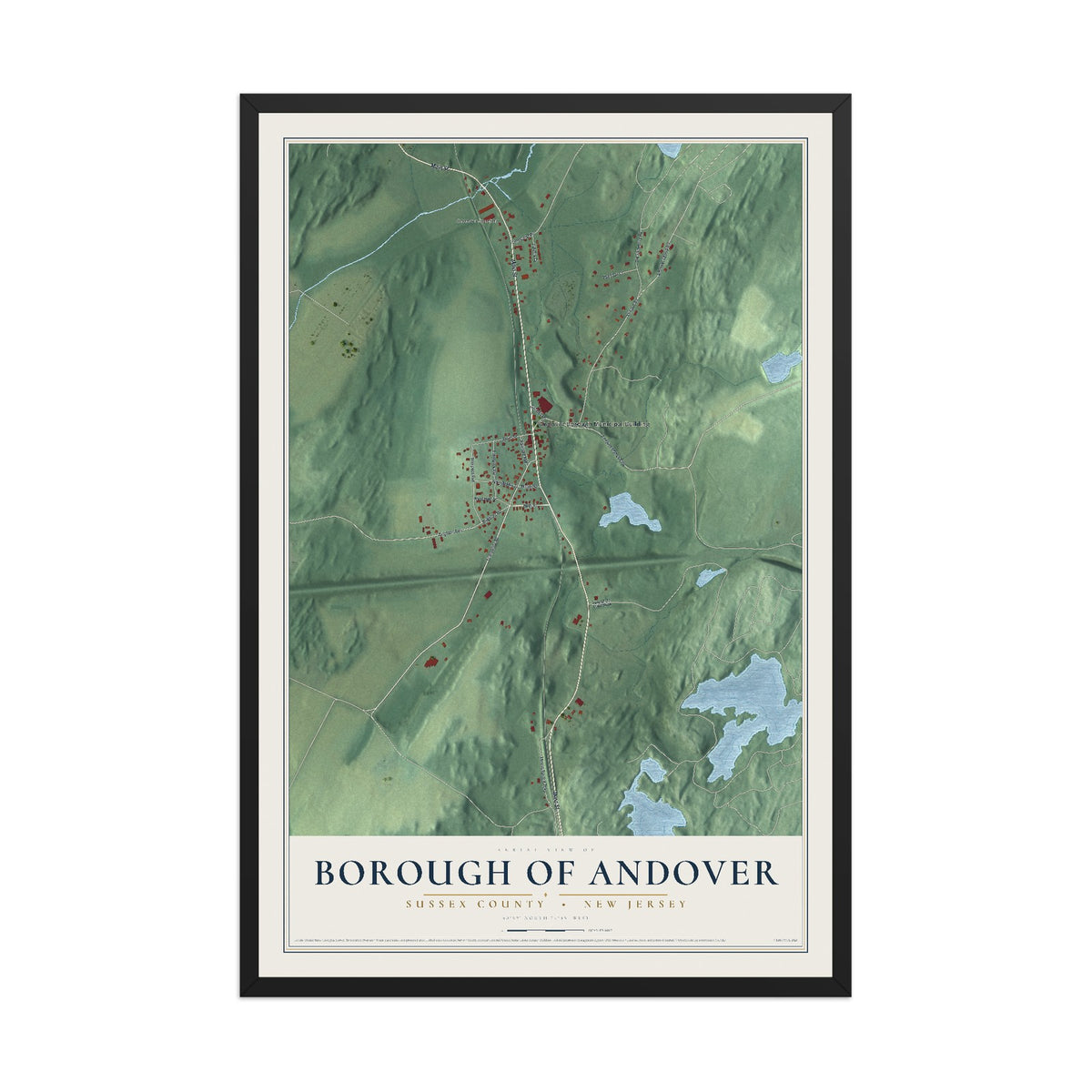 Borough of Andover, New Jersey map print, 12" x 18" W/ Black Ayous Wood Frame mockup