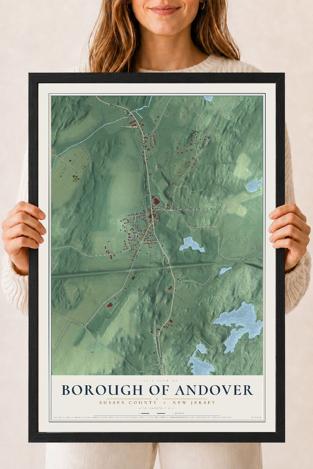 Borough of Andover, New Jersey map print, 18" x 24" W/ Black Ayous Wood Frame mockup