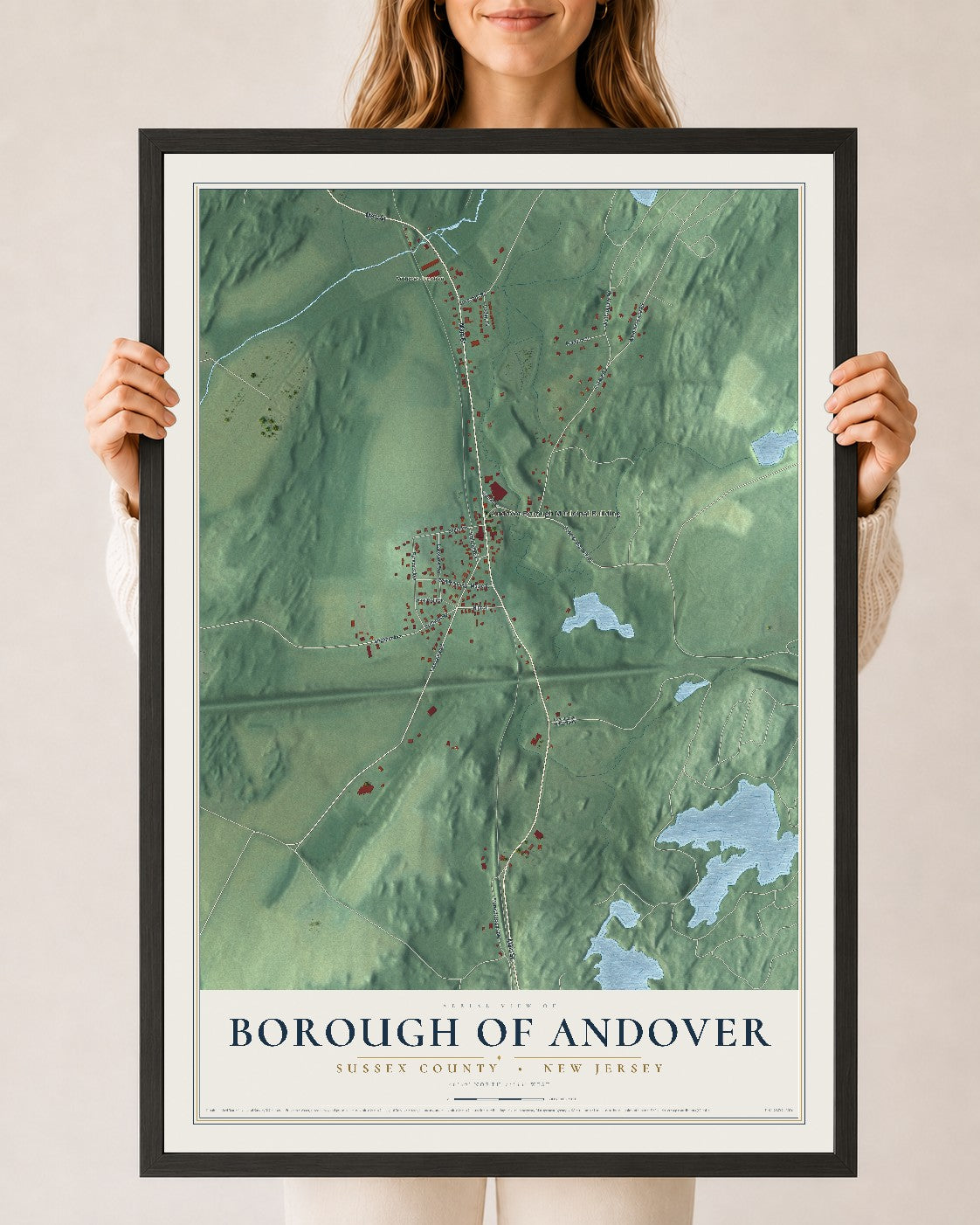 Borough of Andover, New Jersey map print, 24" x 36" W/ Black Ayous Wood Frame mockup