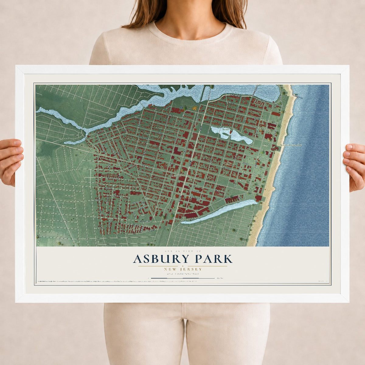 Asbury Park, New Jersey map print, 18" x 24" W/ White Ayous Wood Frame mockup