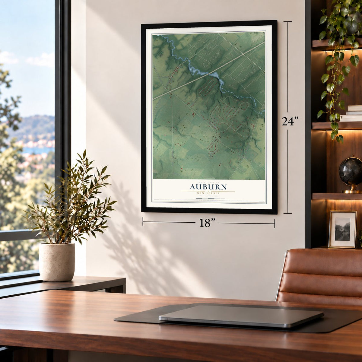 Auburn, New Jersey map, 18 x 24 inch print in a black frame in a home office