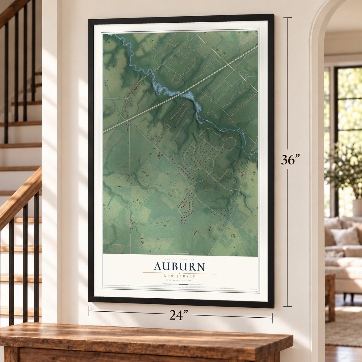 Auburn, New Jersey map, 24 x 36 inch print in a black frame by a staircase