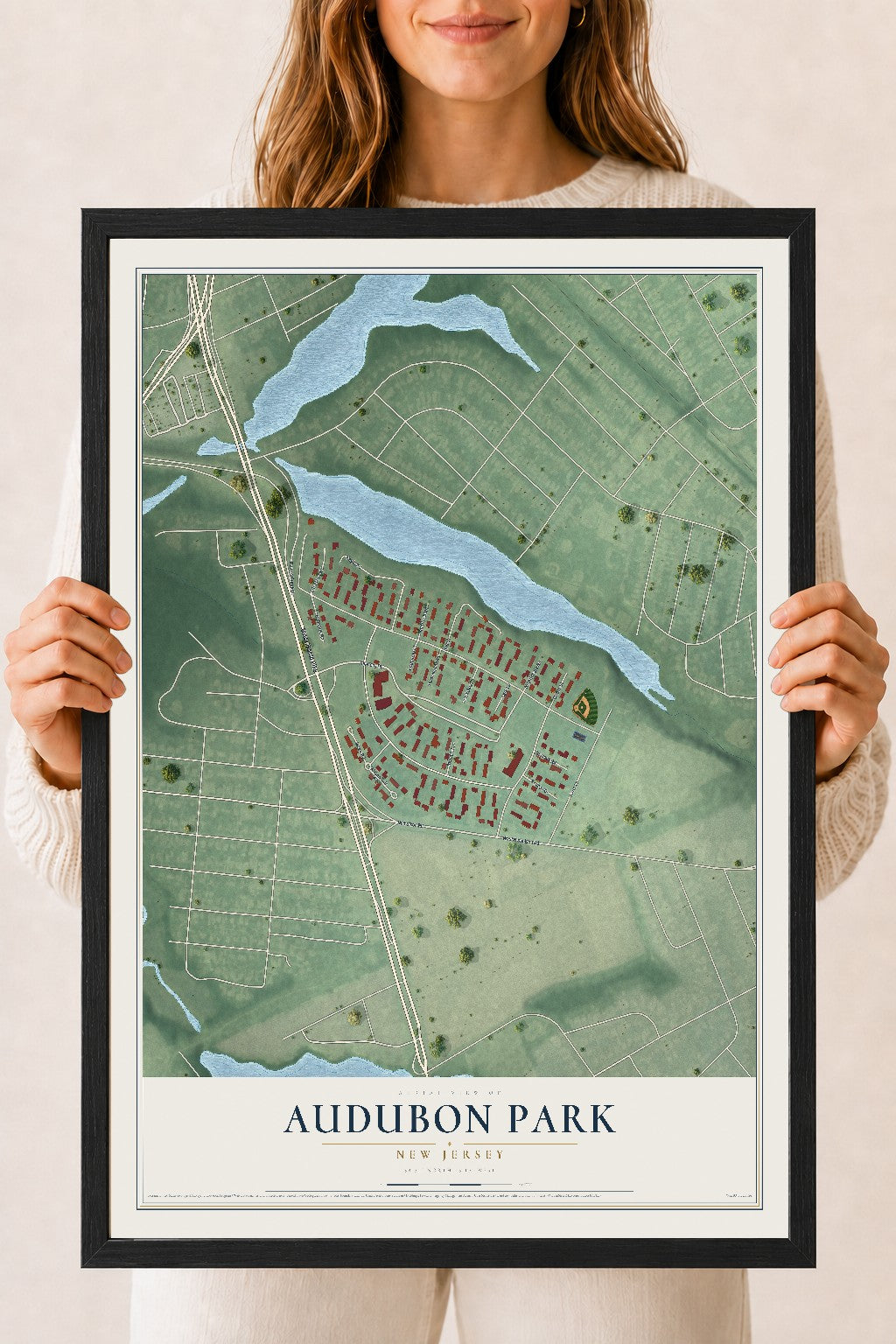 Audubon Park, New Jersey map print, 18" x 24" W/ Black Ayous Wood Frame mockup