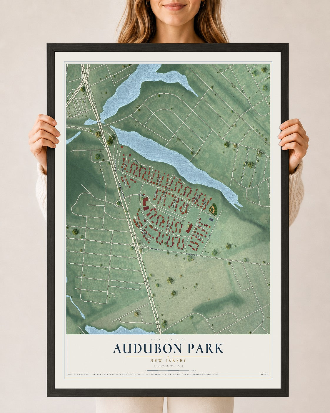 Audubon Park, New Jersey map print, 24" x 36" W/ Black Ayous Wood Frame mockup